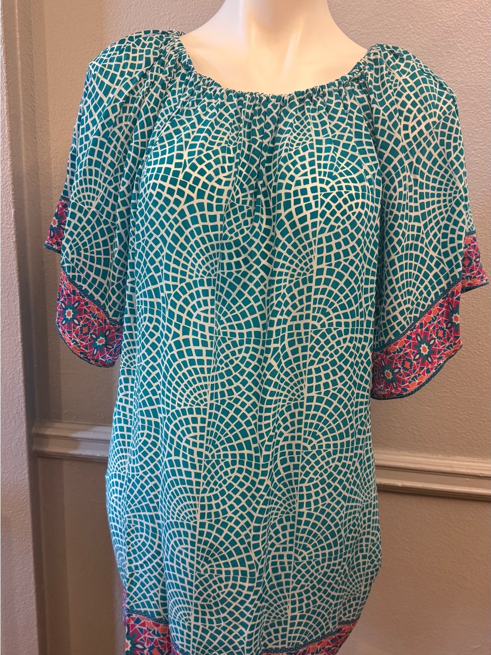 Tolani Teal Geometric Tunic with Pink Trim - Women Tops